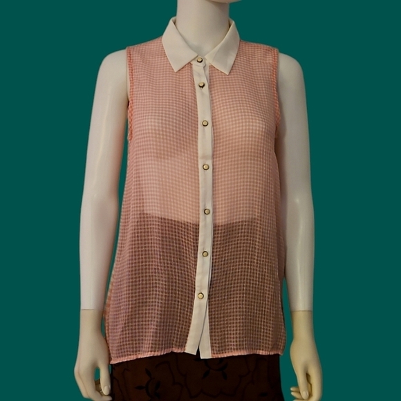MONTEAU Anthropologie Gingham Sheer Button Down High-Low Sleeveless Blouse - Picture 1 of 10